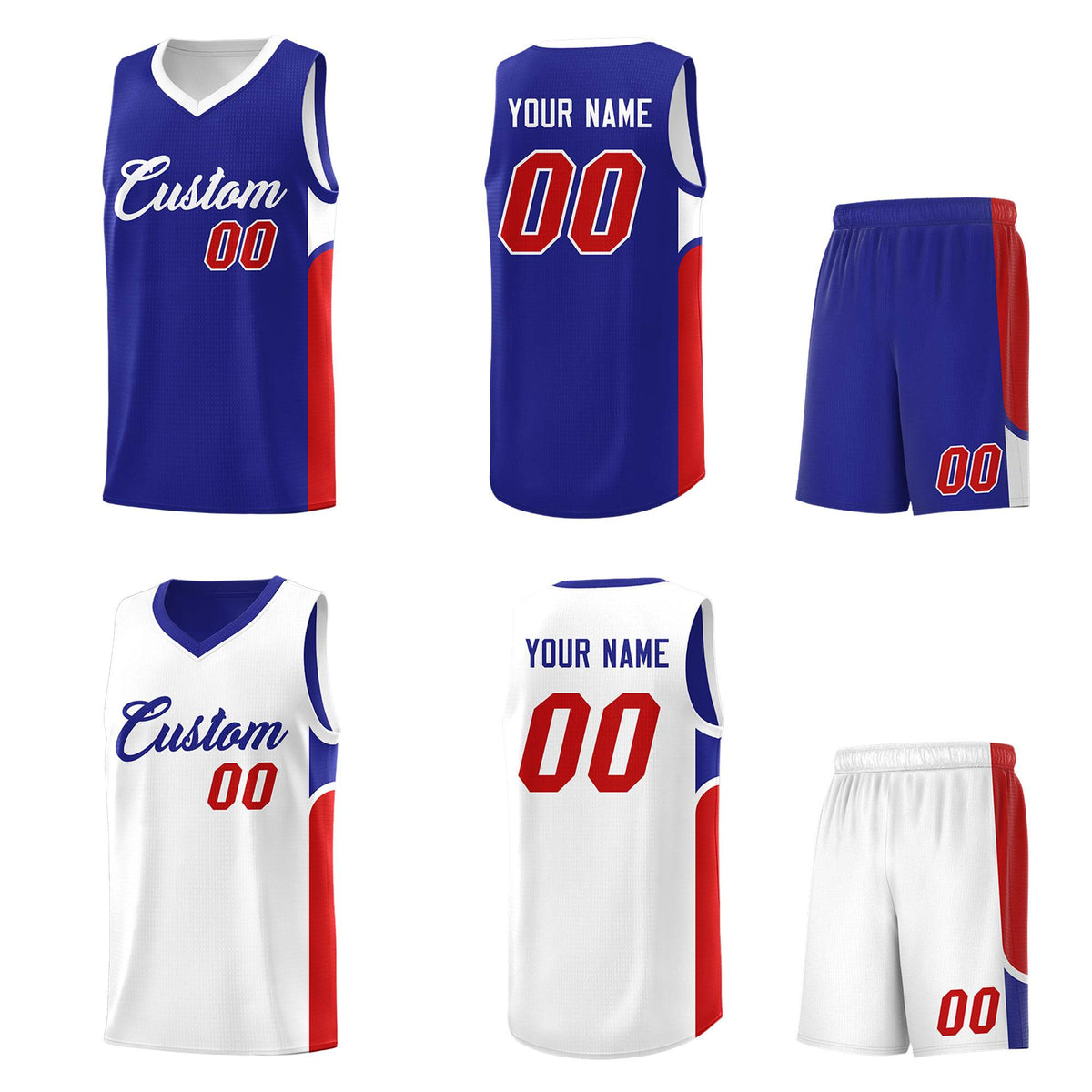 Custom Royal White Side U-shaped Patttern Double Side Sports Uniform Basketball Jersey