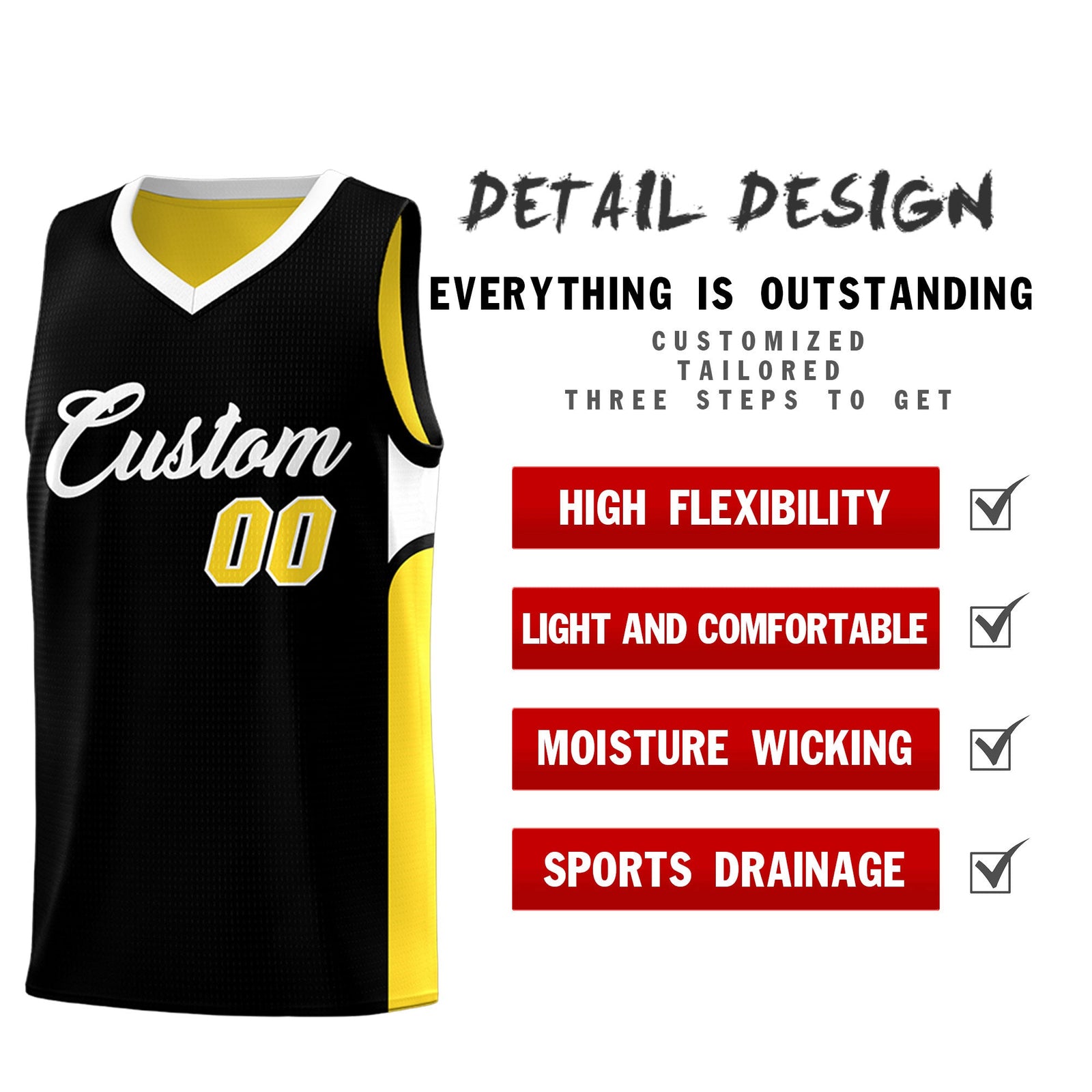 Custom Black Gold Side U-shaped Patttern Double Side Sports Uniform Basketball Jersey