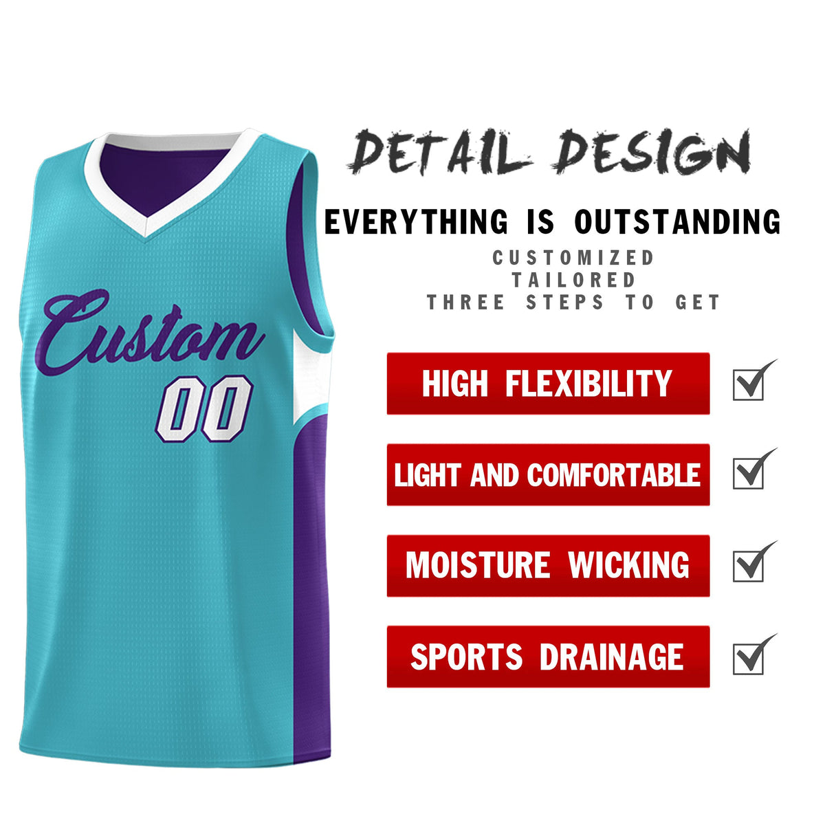Custom Sky Blue Purple Side U-shaped Patttern Double Side Sports Uniform Basketball Jersey
