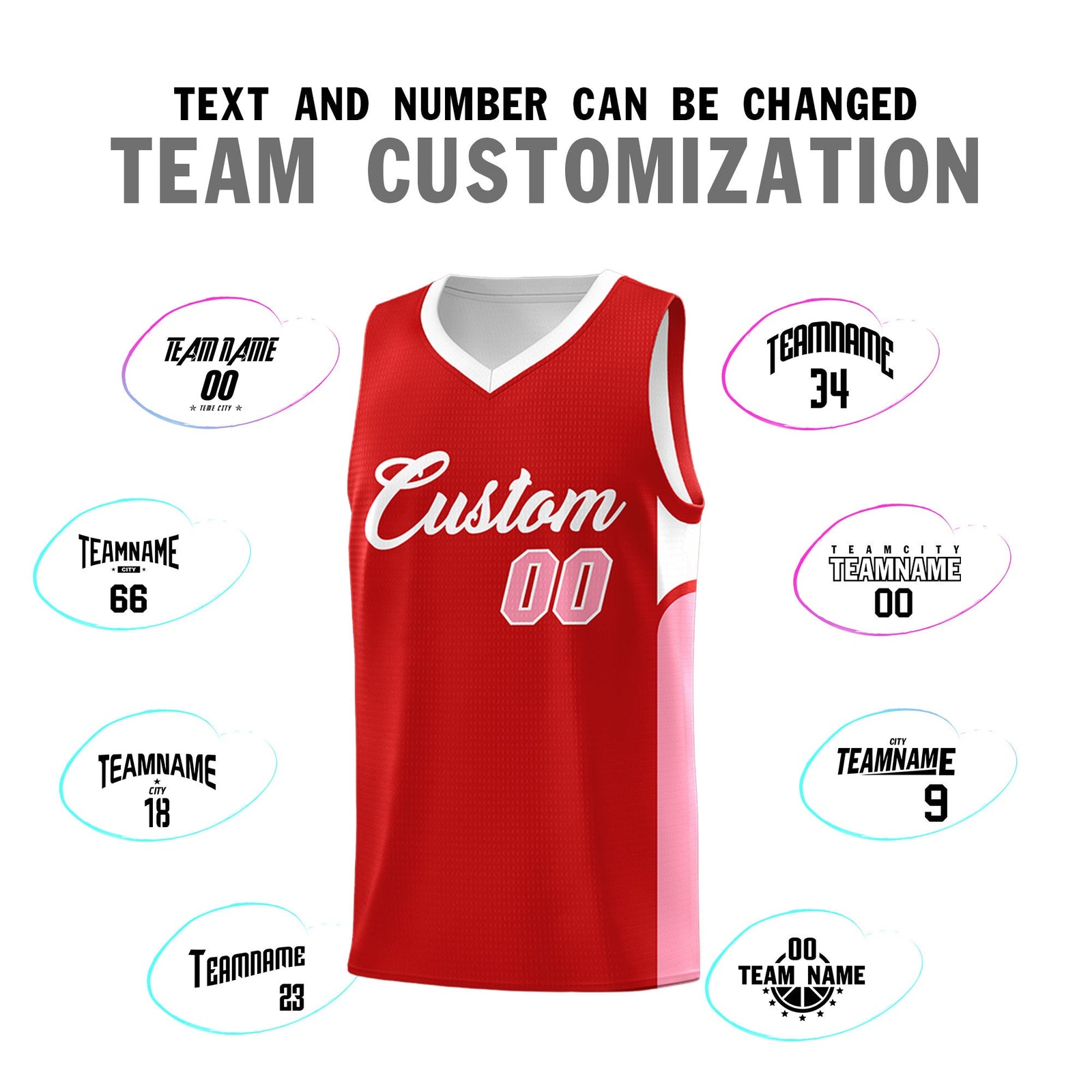 Custom Red White Side U-shaped Patttern Double Side Sports Uniform Basketball Jersey