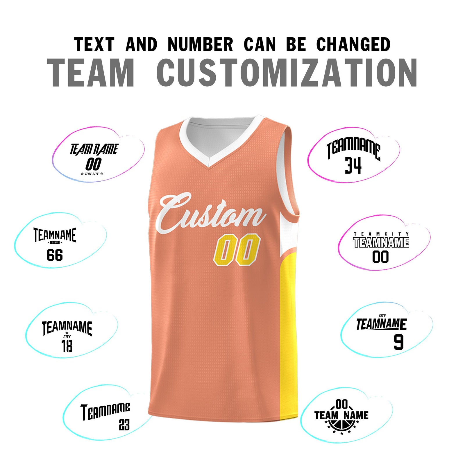 Custom Orange White Side U-shaped Patttern Double Side Sports Uniform Basketball Jersey