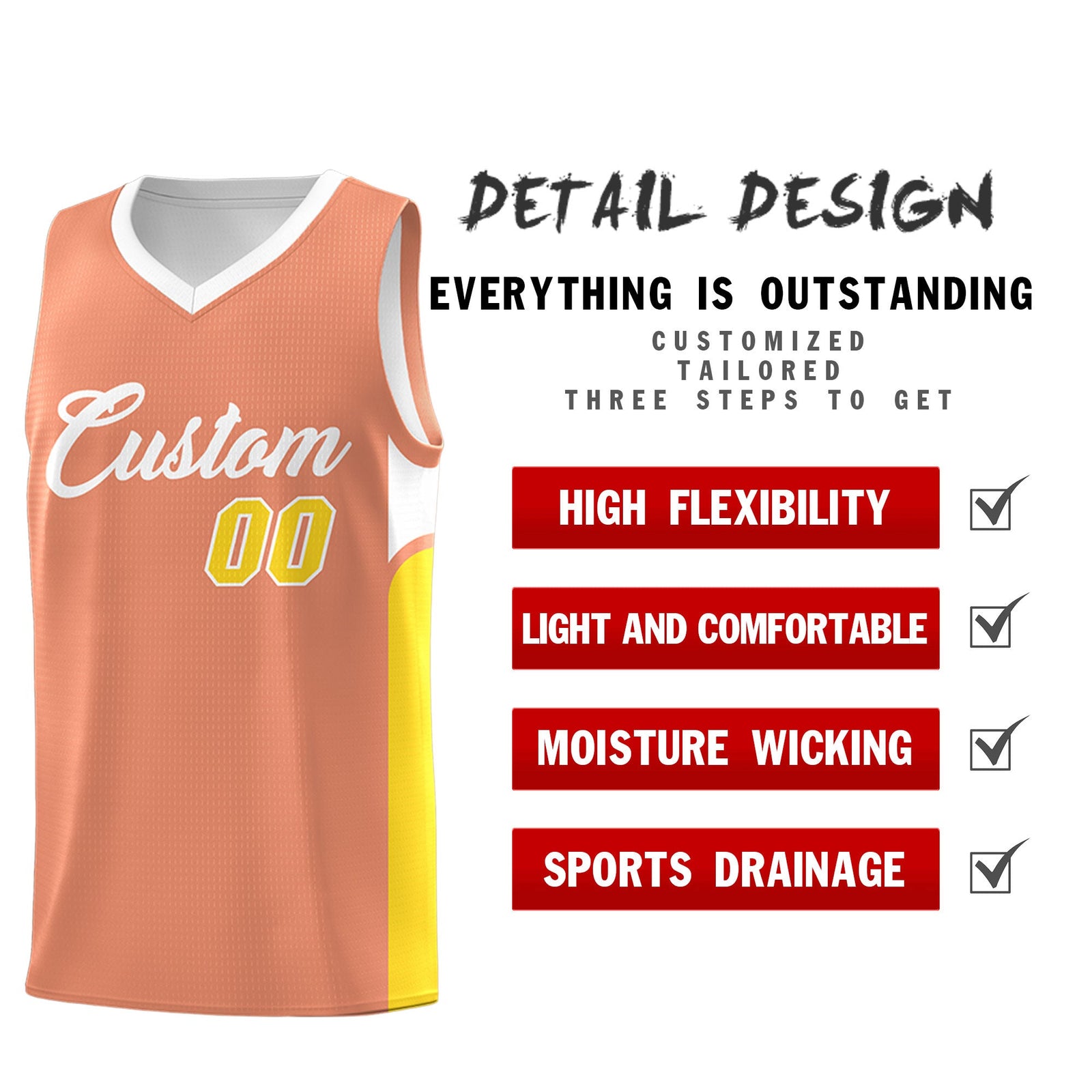 Custom Orange White Side U-shaped Patttern Double Side Sports Uniform Basketball Jersey