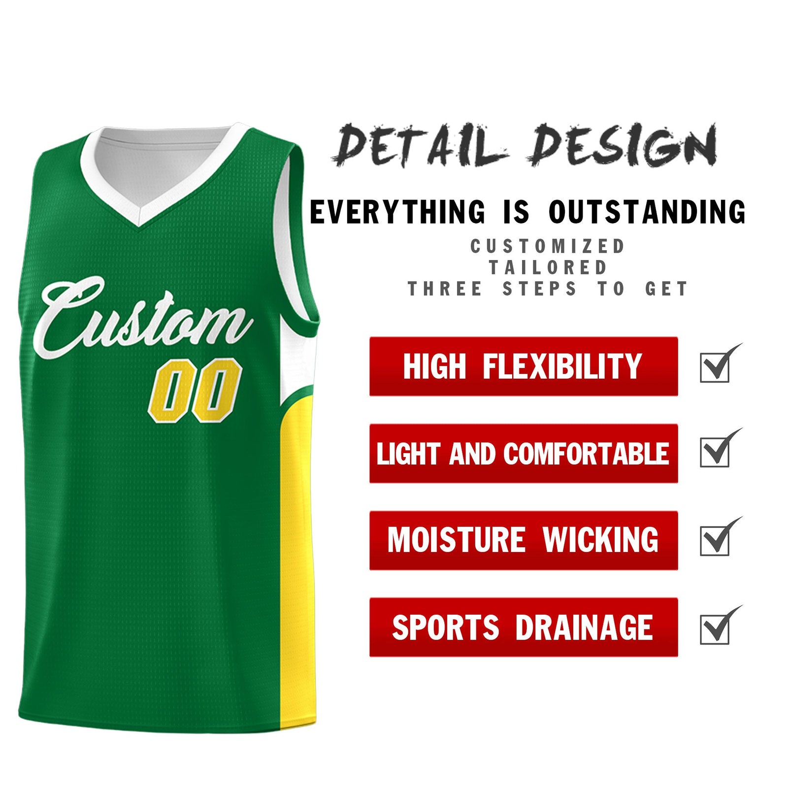 Custom Kelly Green White Side U-shaped Patttern Double Side Sports Uniform Basketball Jersey