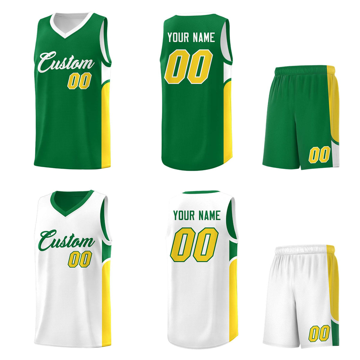 Custom Kelly Green White Side U-shaped Patttern Double Side Sports Uniform Basketball Jersey