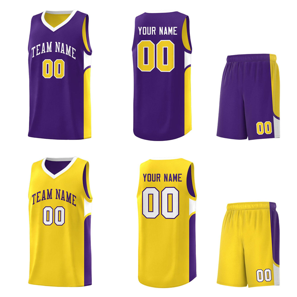 Custom Purple Gold Side U-shaped Patttern Double Side Sports Uniform Basketball Jersey