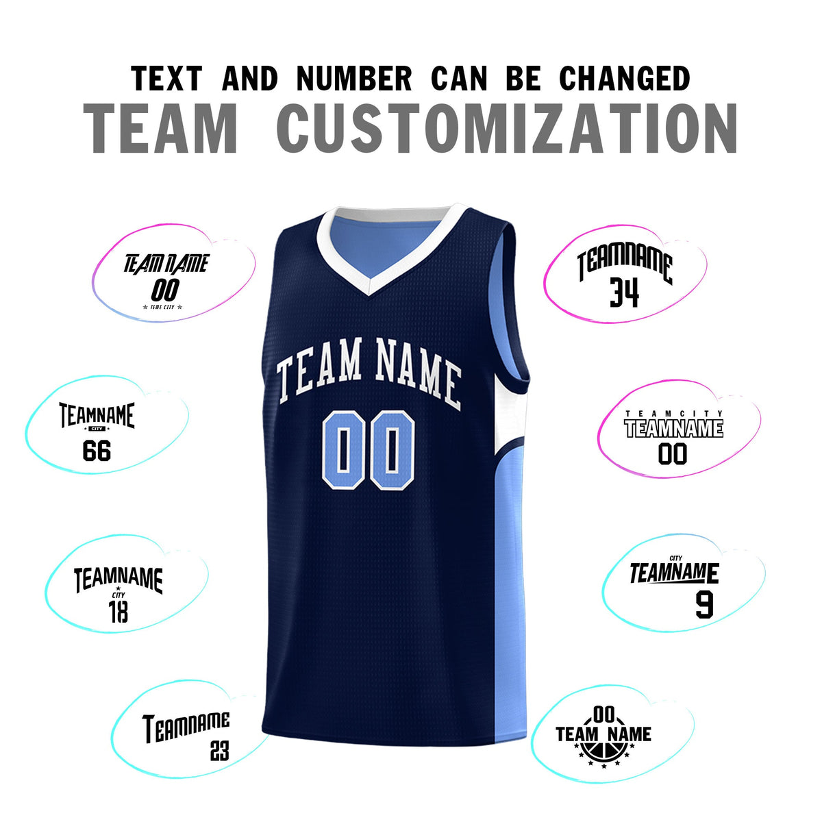 Custom Navy Light Blue Side U-shaped Patttern Double Side Sports Uniform Basketball Jersey