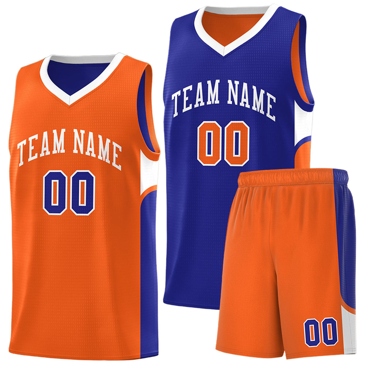 Custom Royal Orange Side U-shaped Patttern Double Side Sports Uniform Basketball Jersey