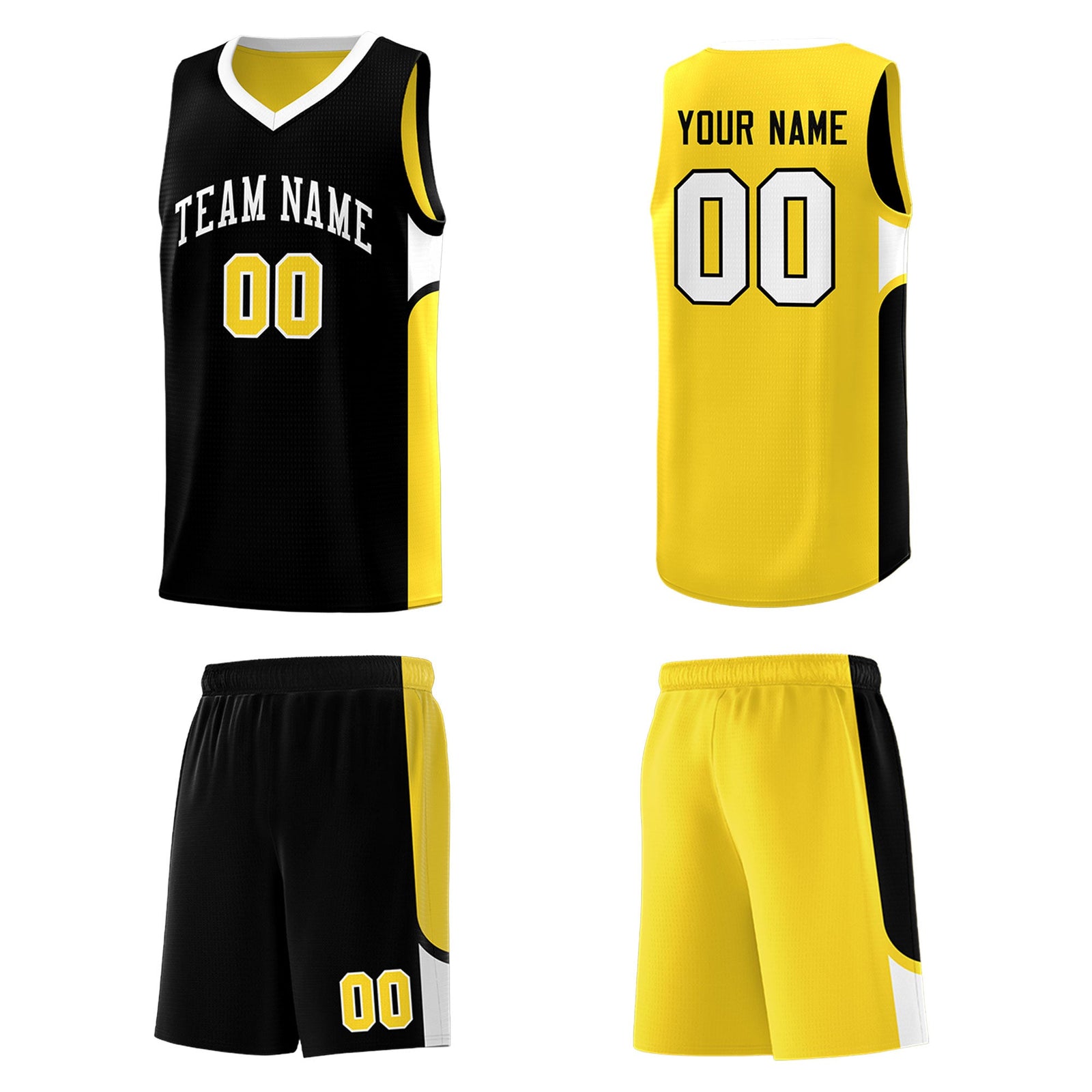 Custom Black Gold Side U-shaped Patttern Double Side Sports Uniform Basketball Jersey