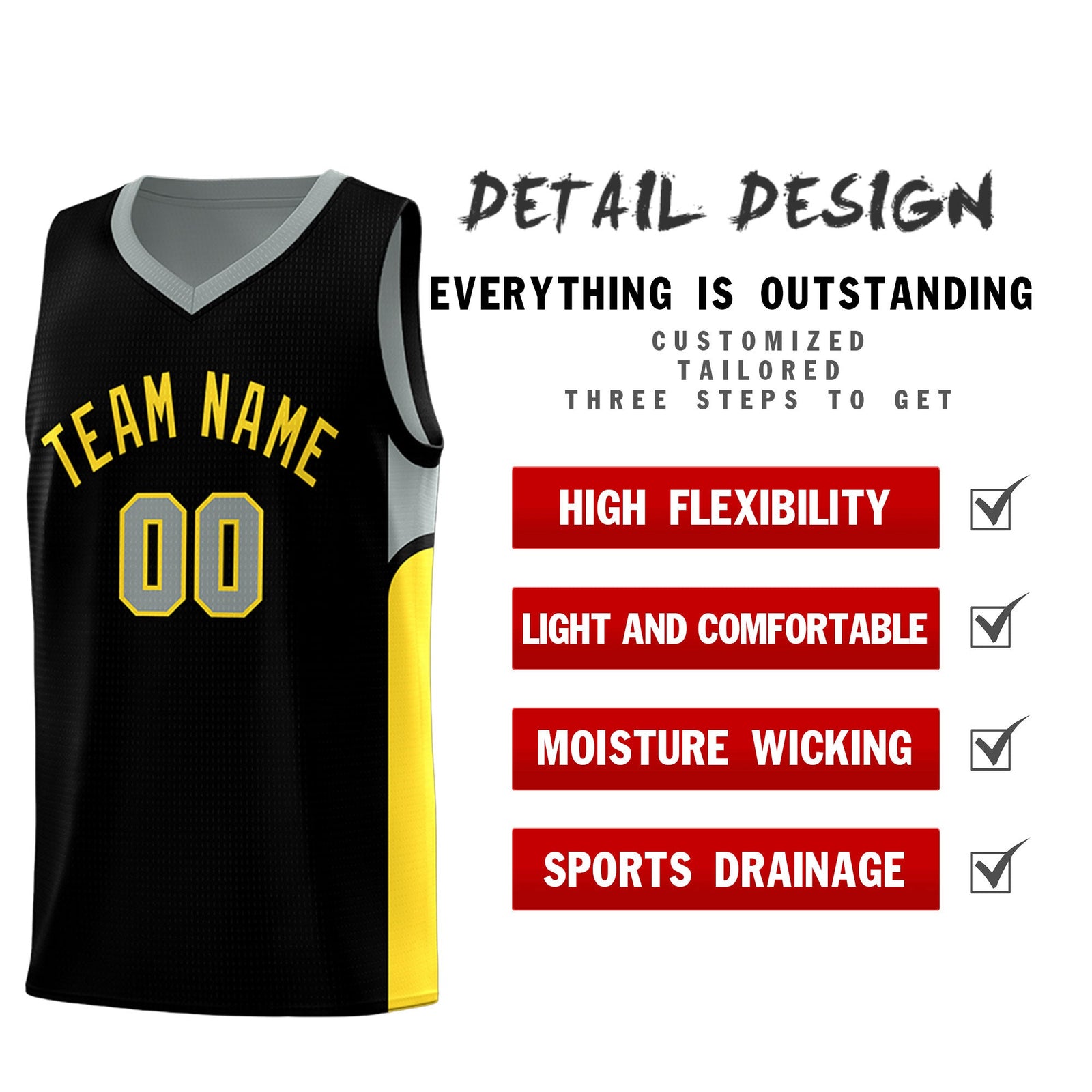 Custom Black Gray Side U-shaped Patttern Double Side Sports Uniform Basketball Jersey