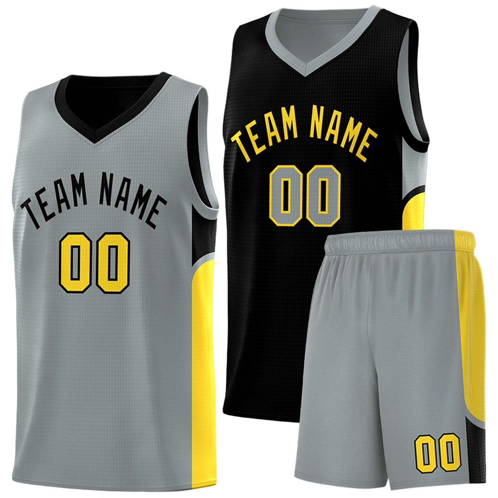 Custom Black Gray Side U-shaped Patttern Double Side Sports Uniform Basketball Jersey