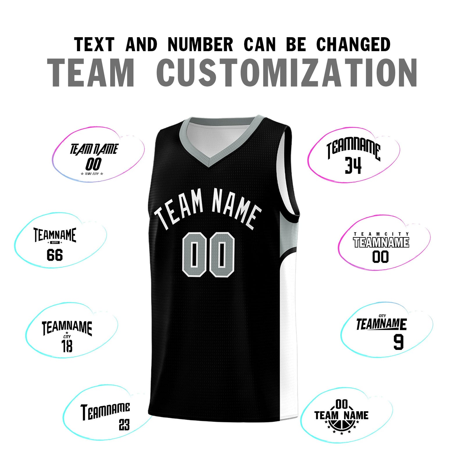 Custom Black White Side U-shaped Patttern Double Side Sports Uniform Basketball Jersey