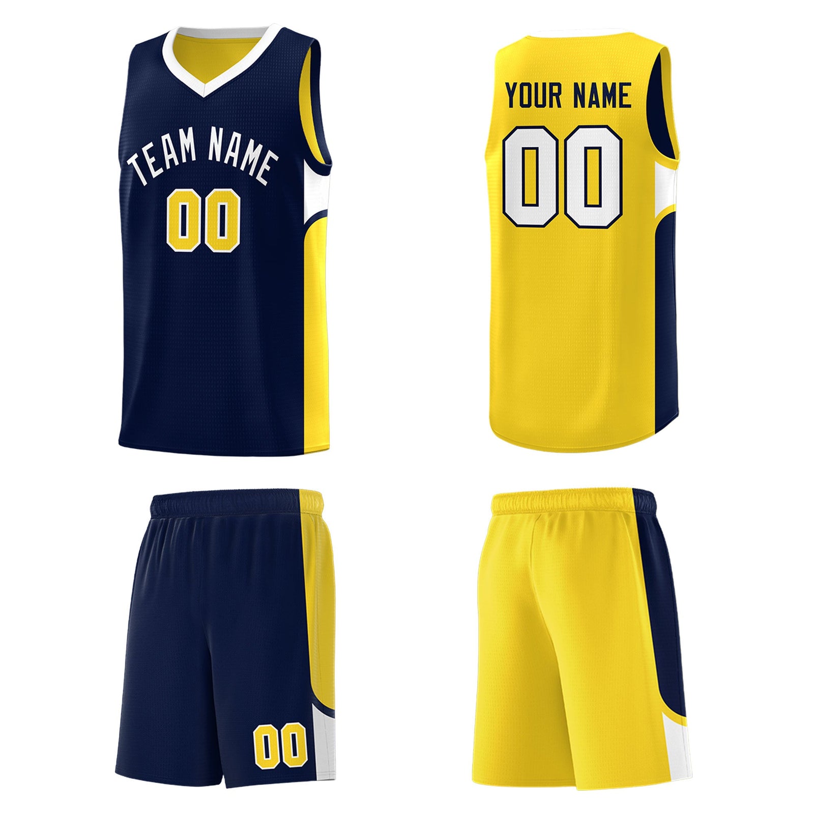 Custom Navy Gold Side U-shaped Patttern Double Side Sports Uniform Basketball Jersey