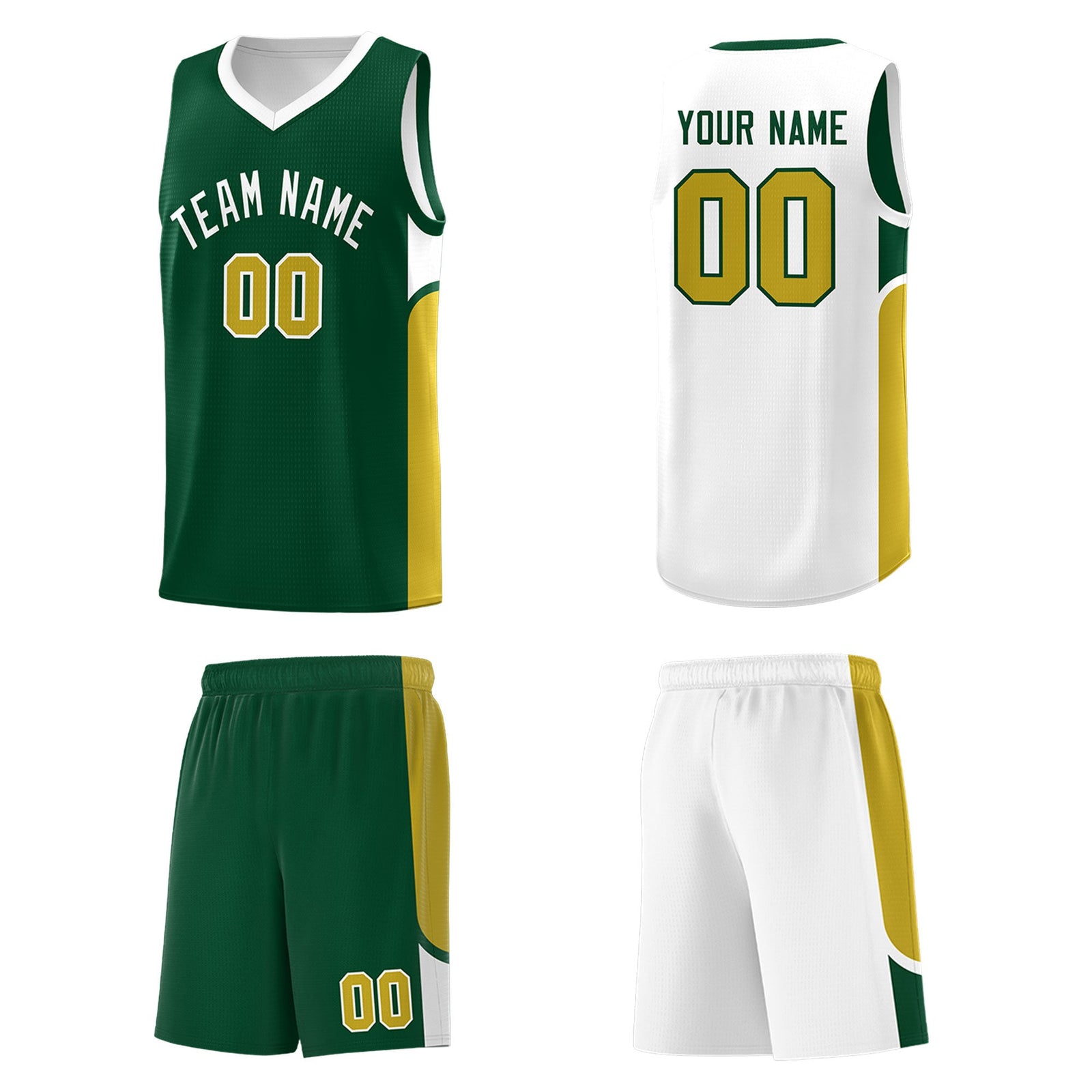 Custom Green White Side U-shaped Patttern Double Side Sports Uniform Basketball Jersey