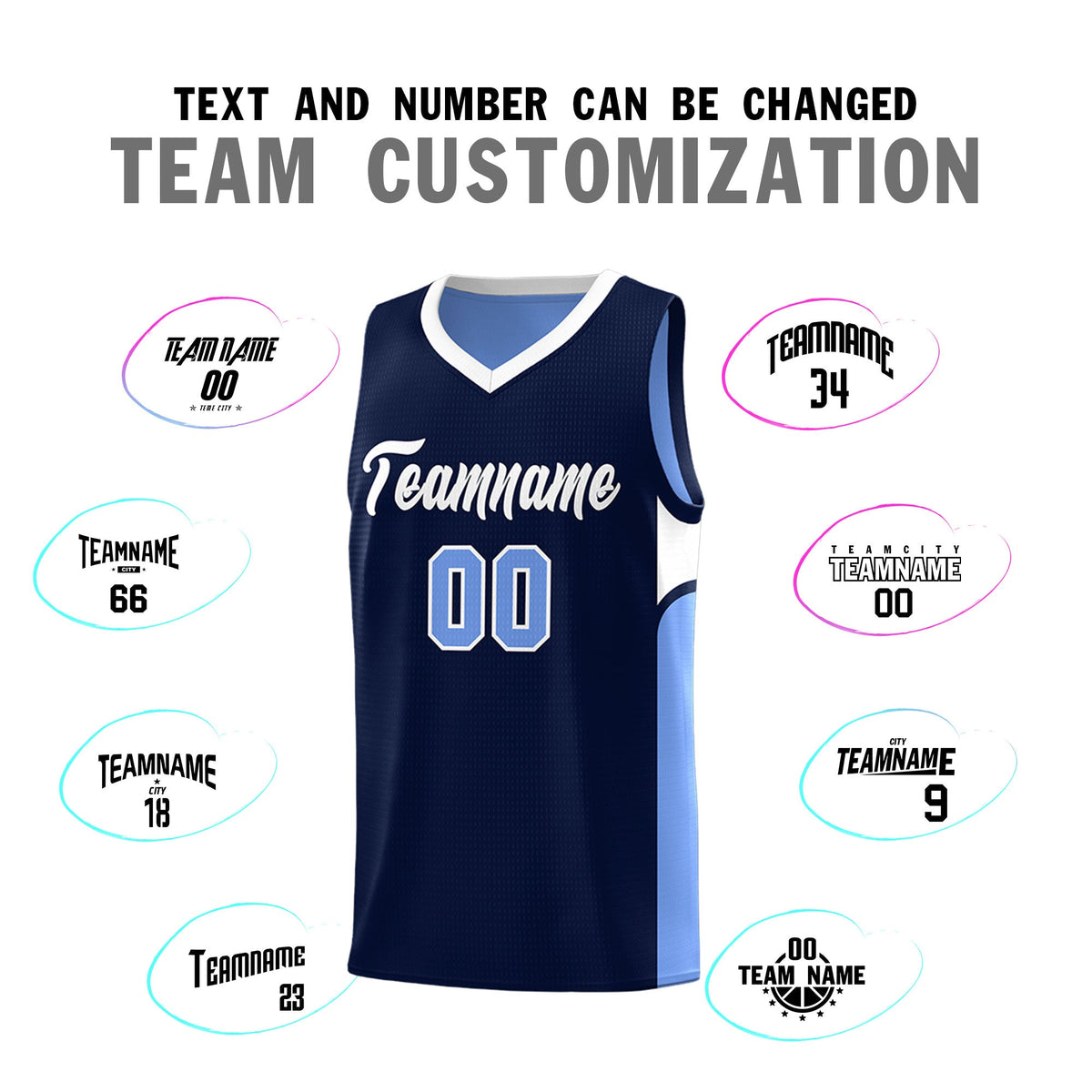 Custom Navy Light Blue Side U-shaped Patttern Double Side Sports Uniform Basketball Jersey