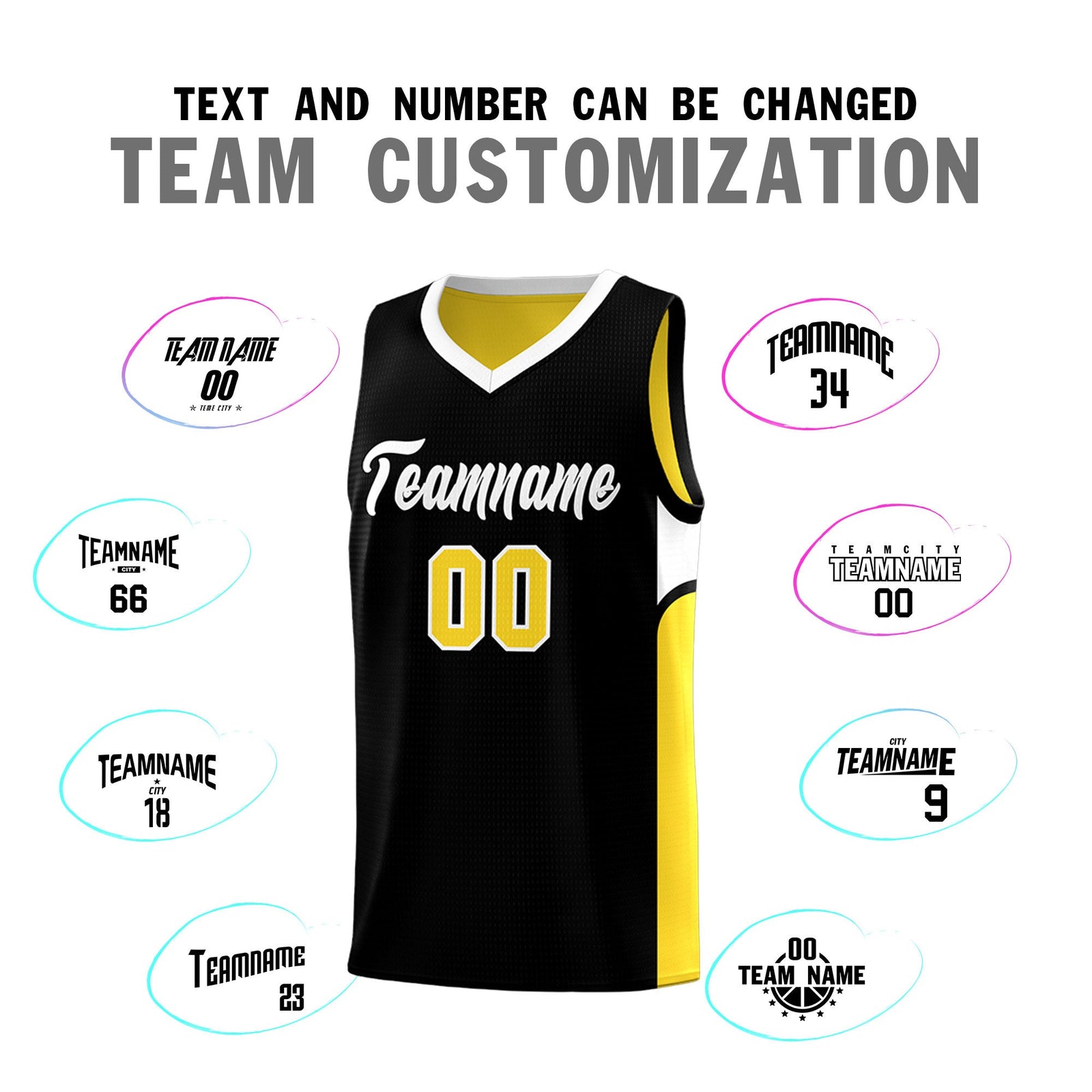 Custom Black Gold Side U-shaped Patttern Double Side Sports Uniform Basketball Jersey