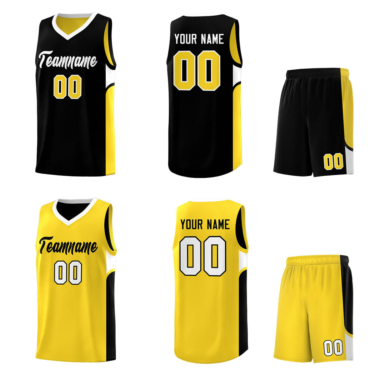 Custom Black Gold Side U-shaped Patttern Double Side Sports Uniform Basketball Jersey