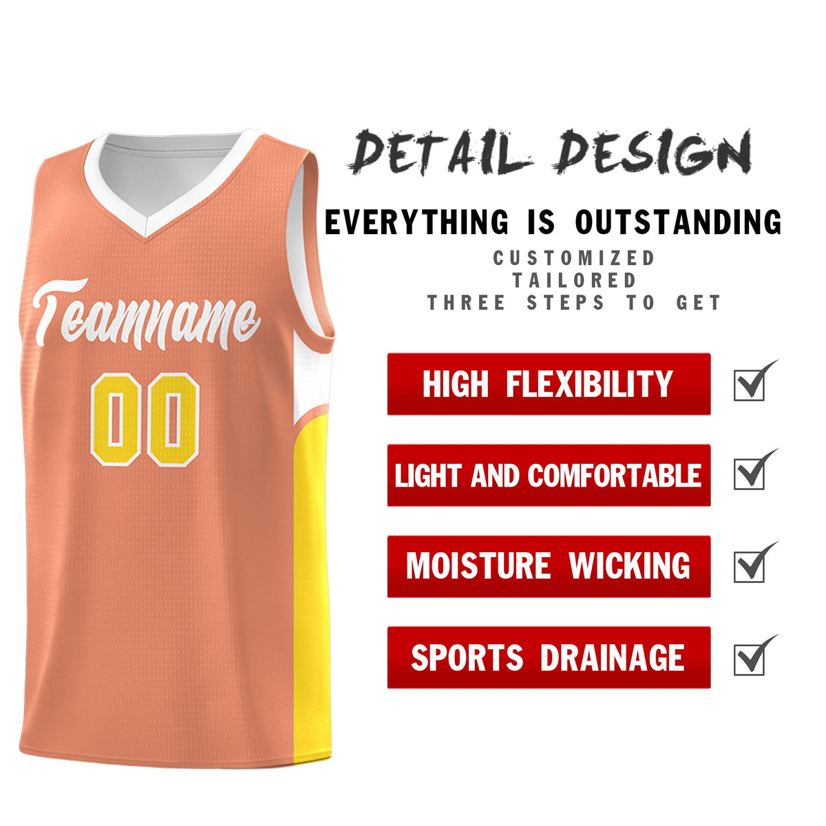 Custom Orange White Side U-shaped Patttern Double Side Sports Uniform Basketball Jersey