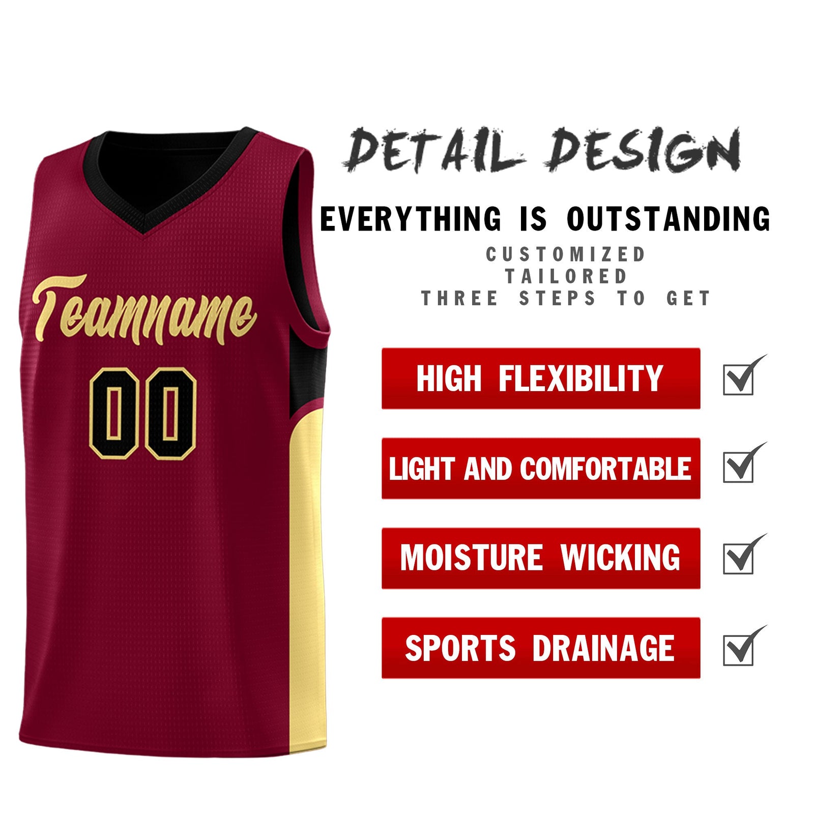 Custom Crimson Black Side U-shaped Patttern Double Side Sports Uniform Basketball Jersey