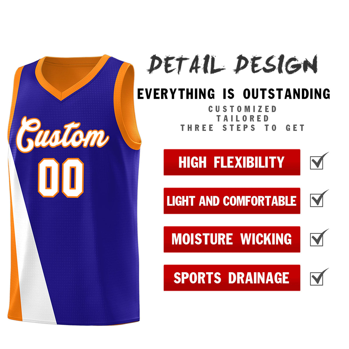 Custom Royal Orange Slanting Two Lines Color Block Sports Uniform Basketball Jersey