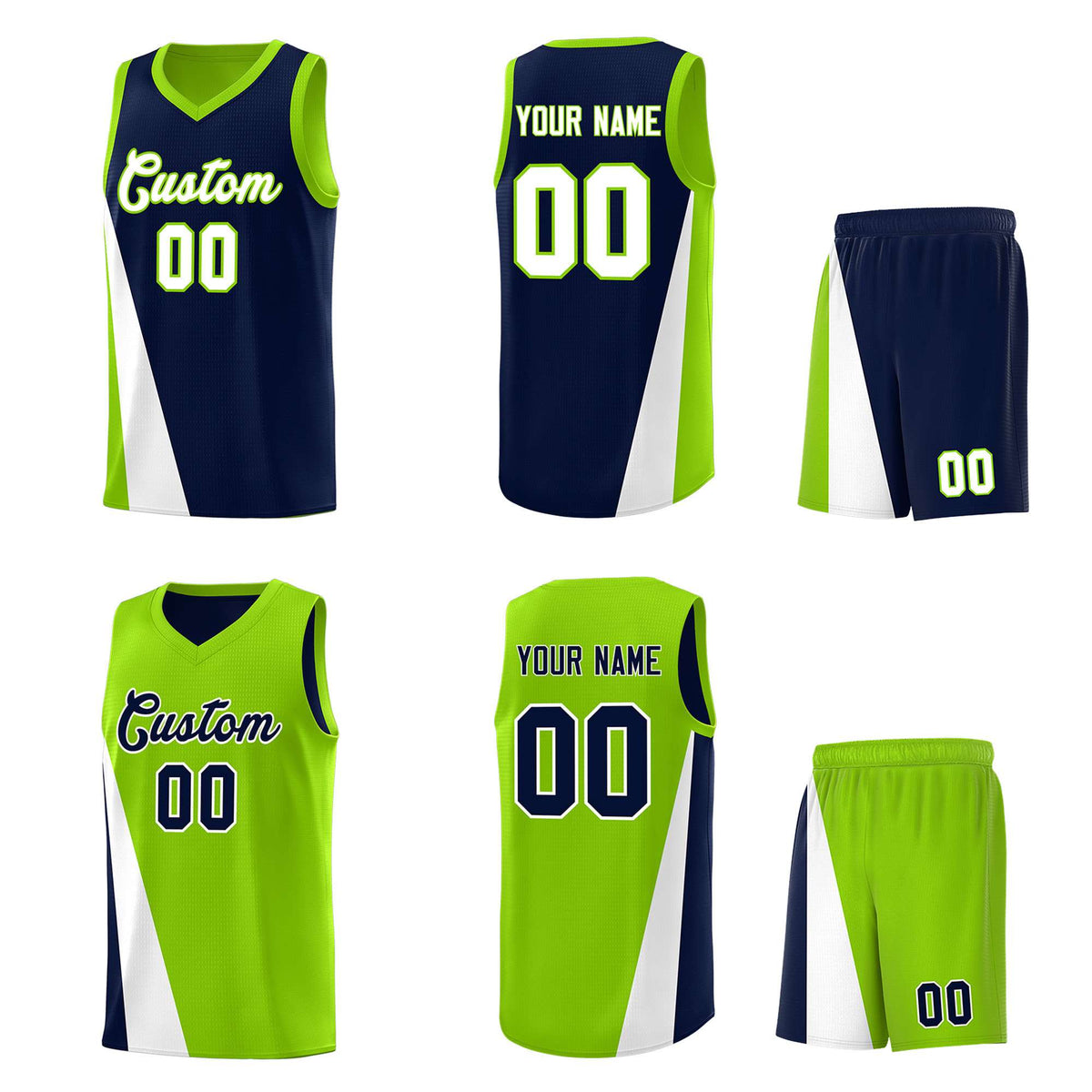 Custom Navy Neon Green Slanting Two Lines Color Block Sports Uniform Basketball Jersey