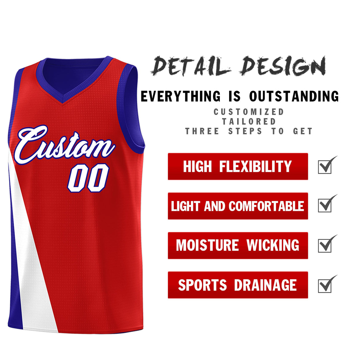 Custom Red Royal Slanting Two Lines Color Block Sports Uniform Basketball Jersey