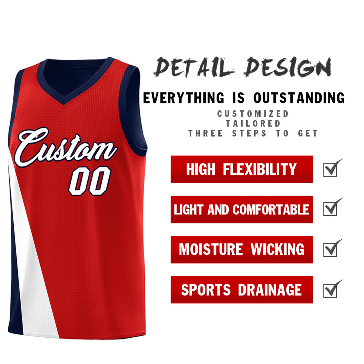 Custom Red Navy Slanting Two Lines Color Block Sports Uniform Basketball Jersey
