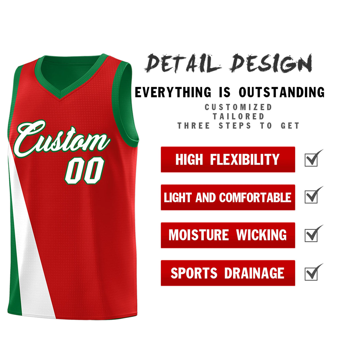 Custom Red Kelly Green Slanting Two Lines Color Block Sports Uniform Basketball Jersey