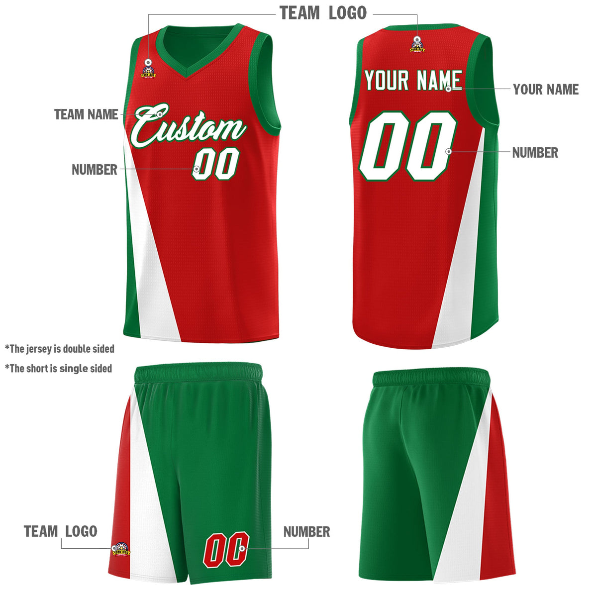Custom Red Kelly Green Slanting Two Lines Color Block Sports Uniform Basketball Jersey