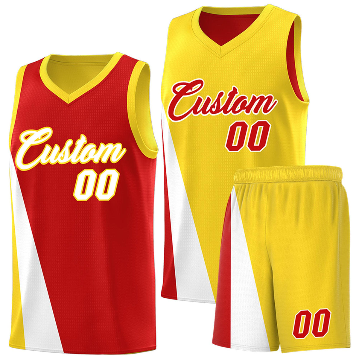 Custom Red Gold Slanting Two Lines Color Block Sports Uniform Basketball Jersey