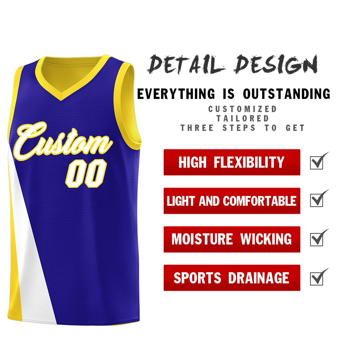 Custom Royal Gold Slanting Two Lines Color Block Sports Uniform Basketball Jersey