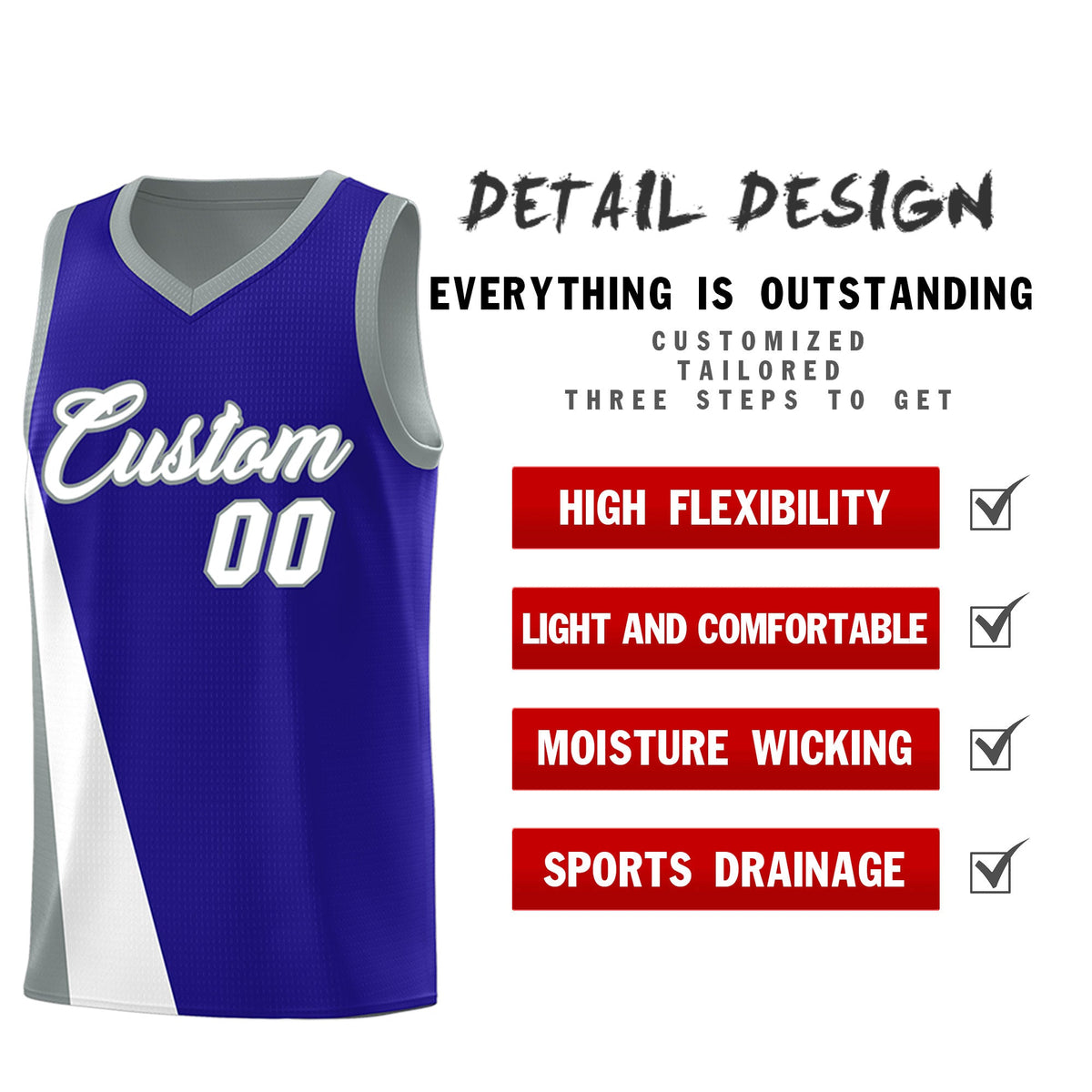 Custom Royal Gray Slanting Two Lines Color Block Sports Uniform Basketball Jersey