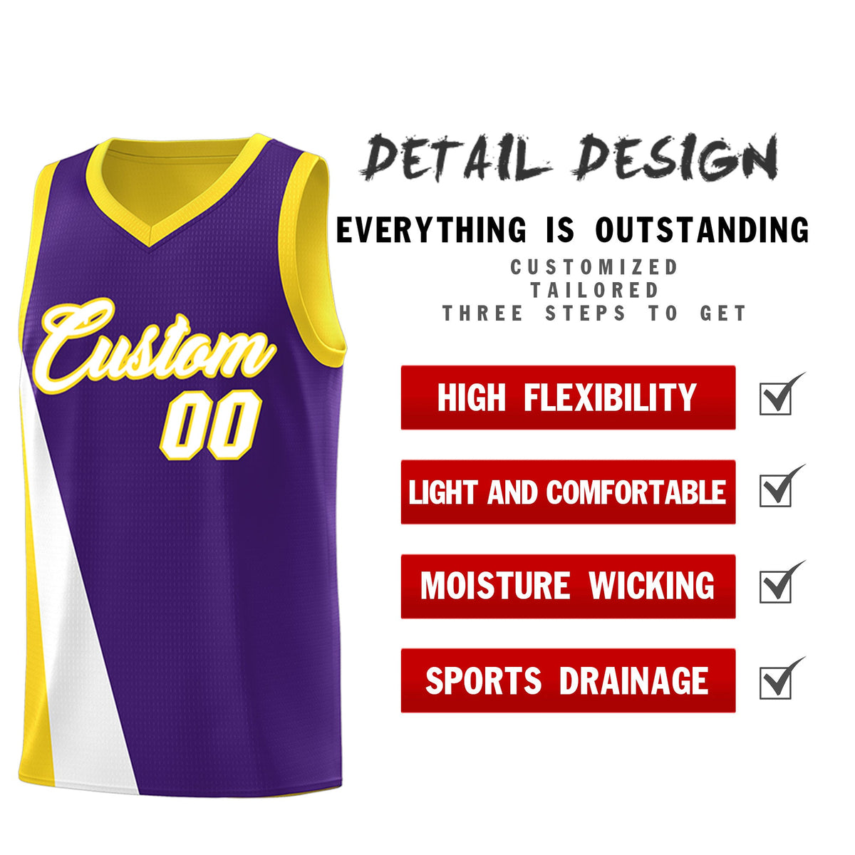 Custom Purple Gold Slanting Two Lines Color Block Sports Uniform Basketball Jersey