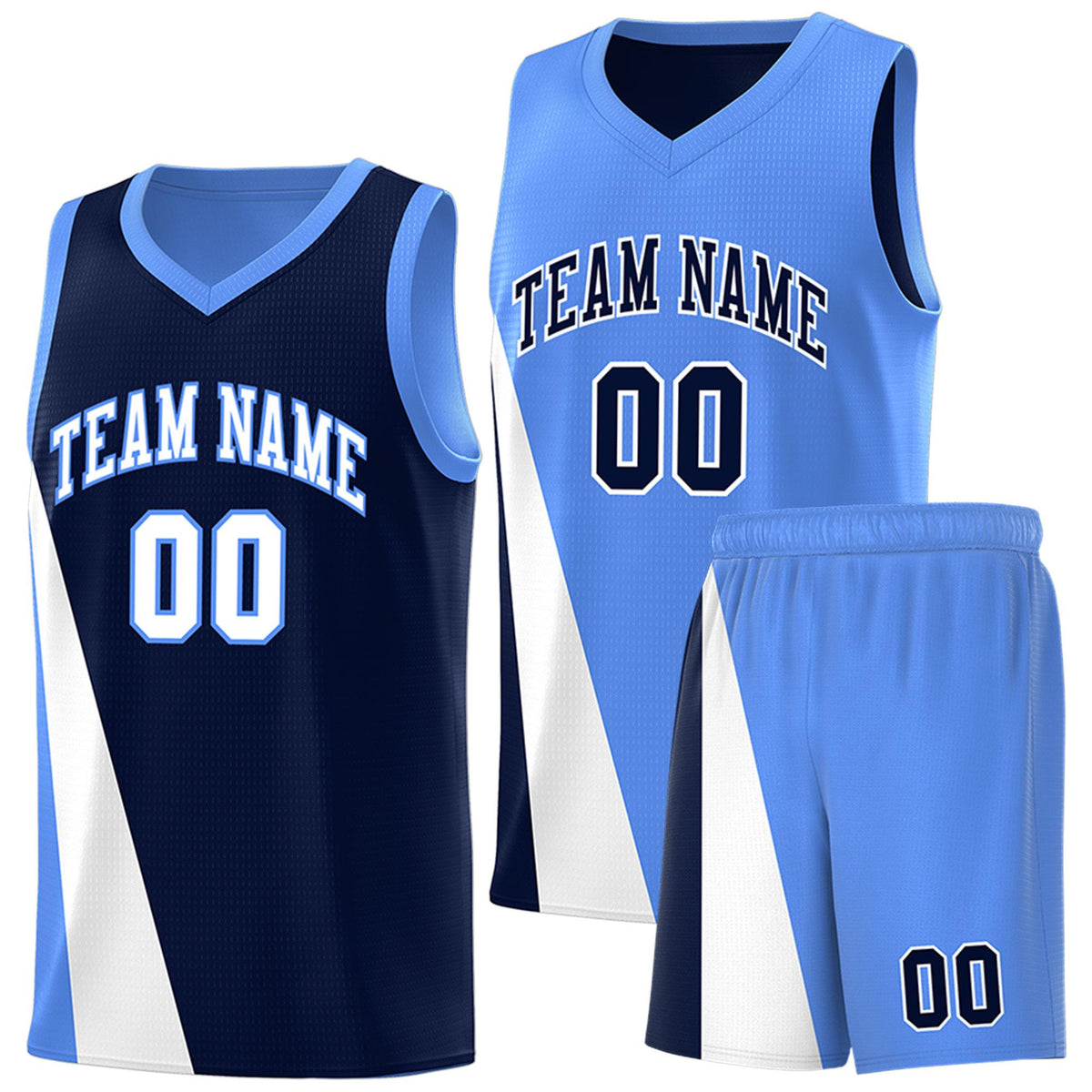 Custom Navy Powder Blue Slanting Two Lines Color Block Sports Uniform Basketball Jersey