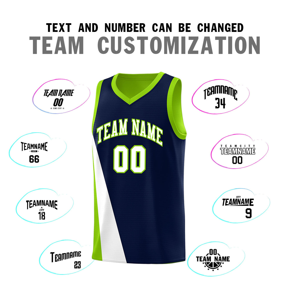 Custom Navy Neon Green Slanting Two Lines Color Block Sports Uniform Basketball Jersey