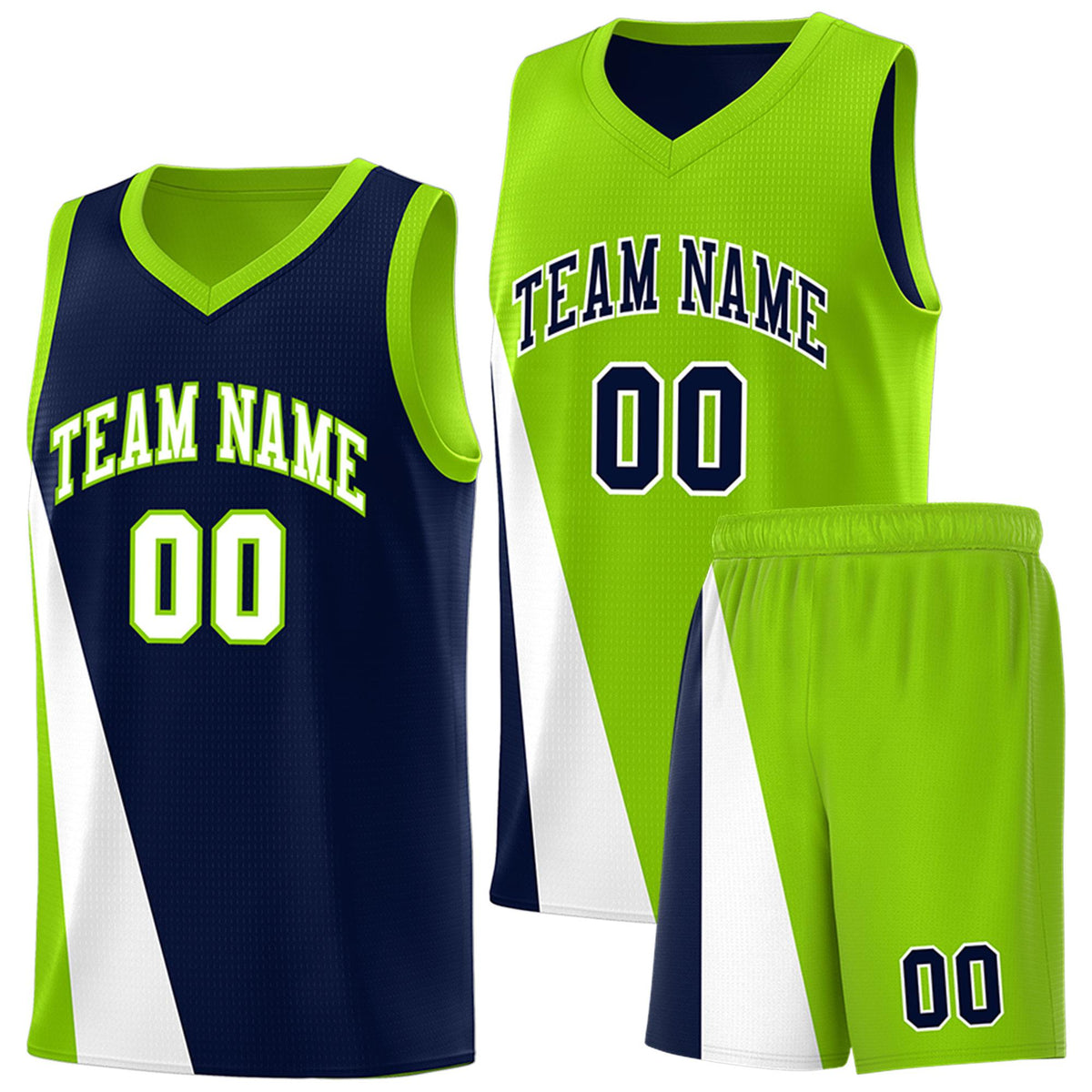 Custom Navy Neon Green Slanting Two Lines Color Block Sports Uniform Basketball Jersey