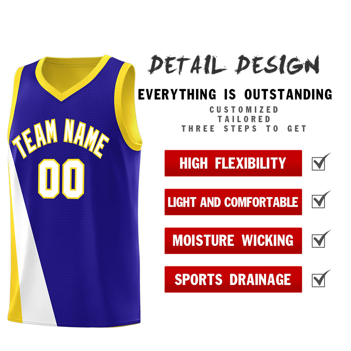 Custom Royal Gold Slanting Two Lines Color Block Sports Uniform Basketball Jersey