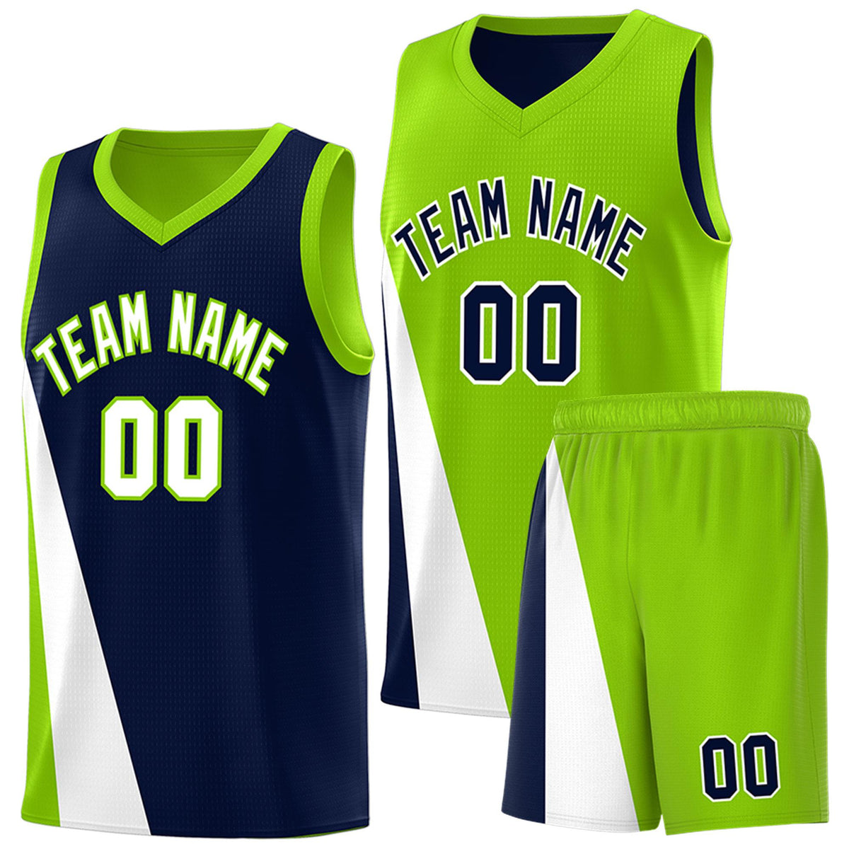 Custom Navy Neon Green Slanting Two Lines Color Block Sports Uniform Basketball Jersey