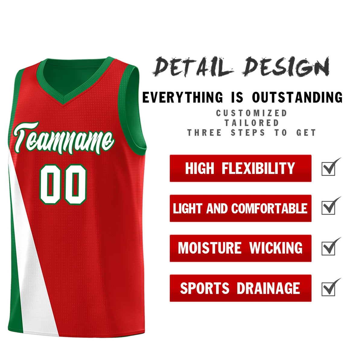 Custom Red Kelly Green Slanting Two Lines Color Block Sports Uniform Basketball Jersey