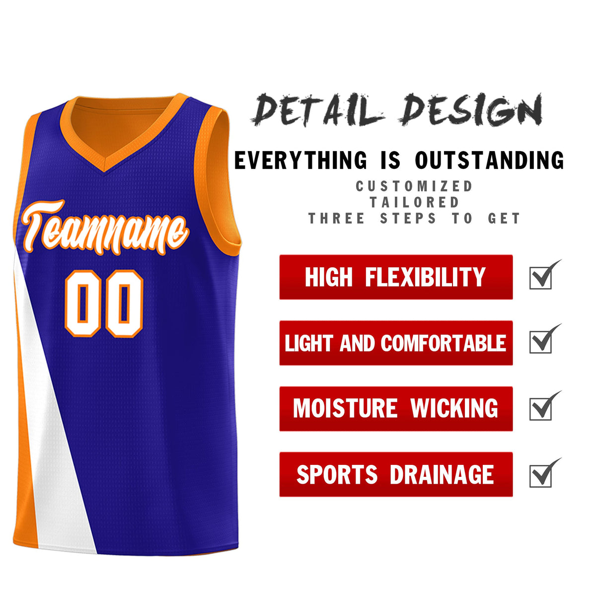 Custom Royal Orange Slanting Two Lines Color Block Sports Uniform Basketball Jersey