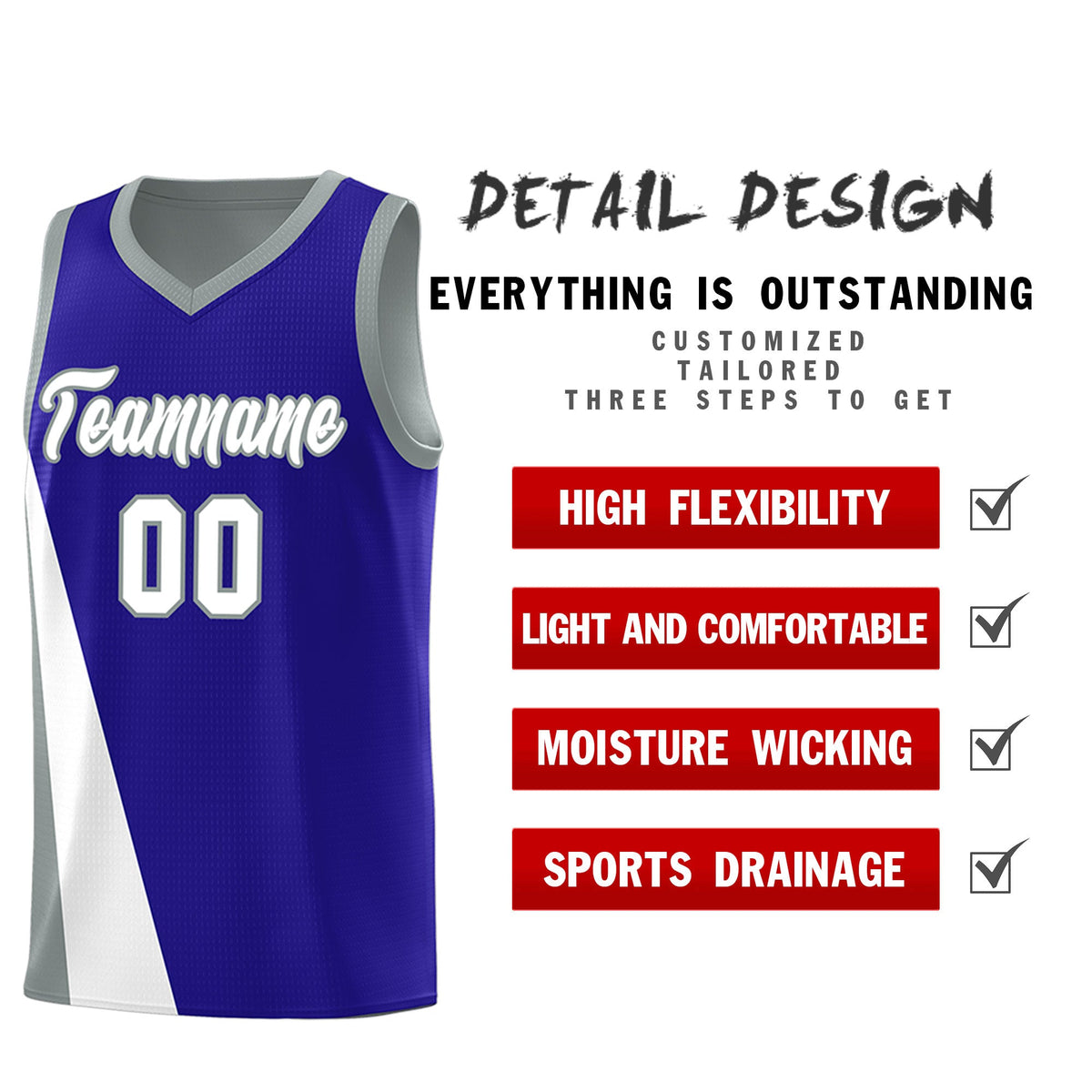 Custom Royal Gray Slanting Two Lines Color Block Sports Uniform Basketball Jersey