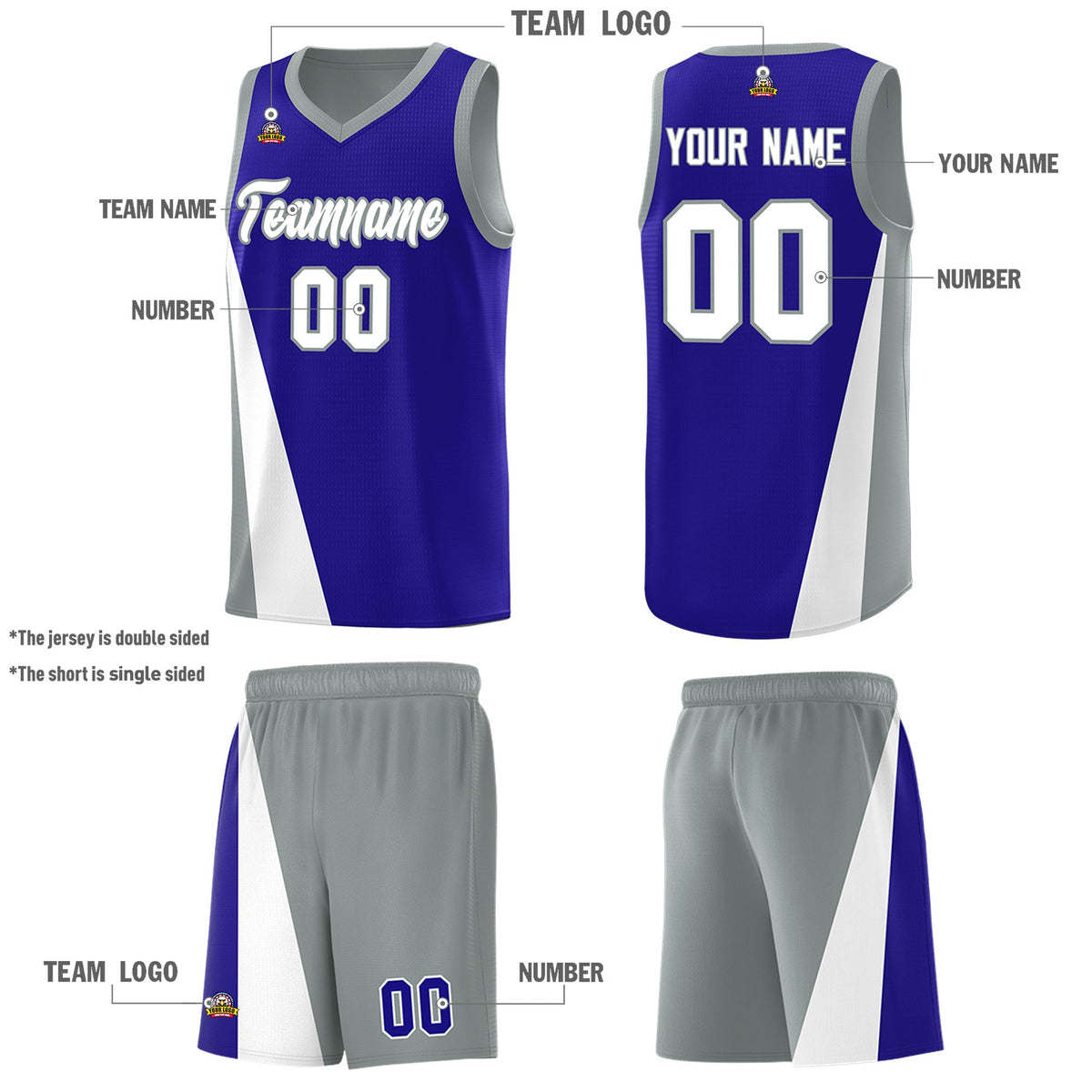 Custom Royal Gray Slanting Two Lines Color Block Sports Uniform Basketball Jersey