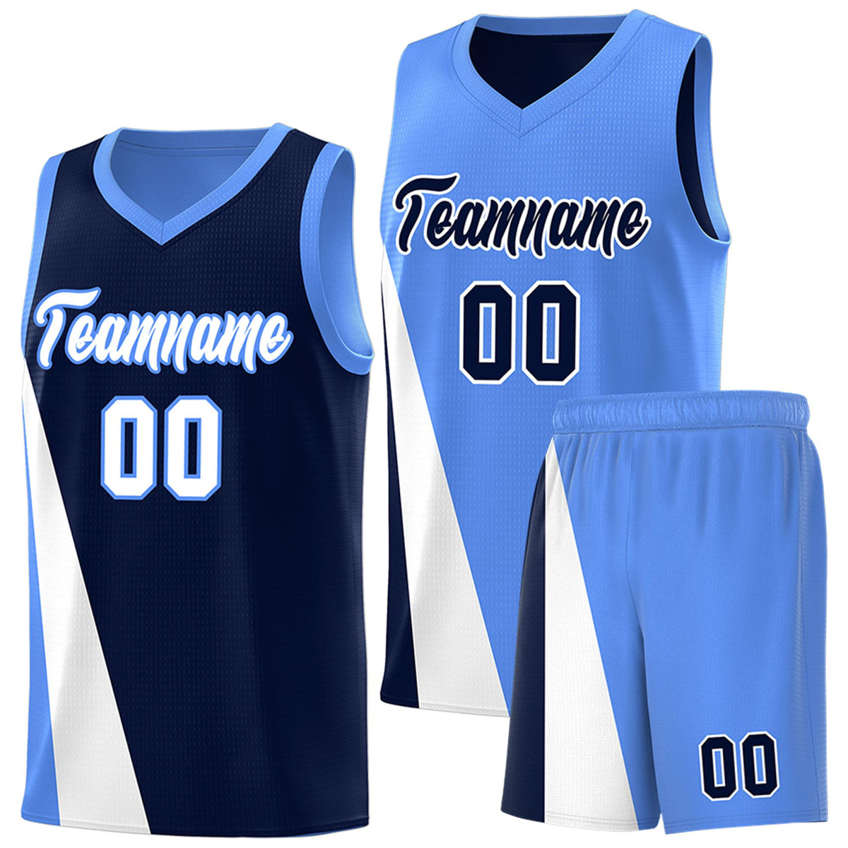 Custom Navy Powder Blue Slanting Two Lines Color Block Sports Uniform Basketball Jersey