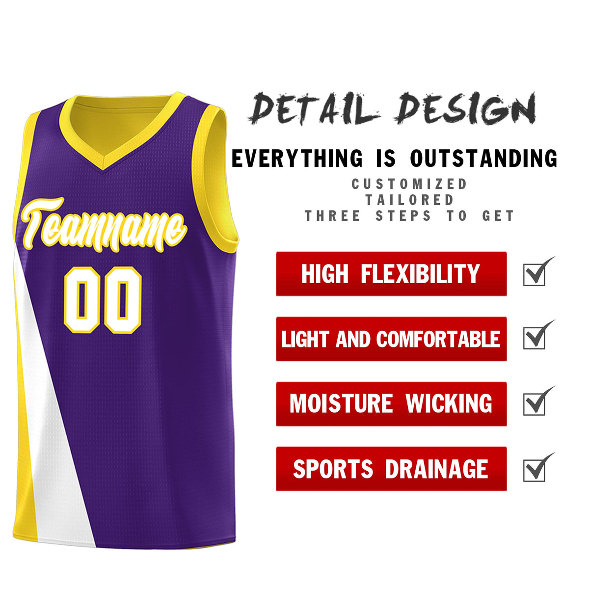 Custom Purple Gold Slanting Two Lines Color Block Sports Uniform Basketball Jersey