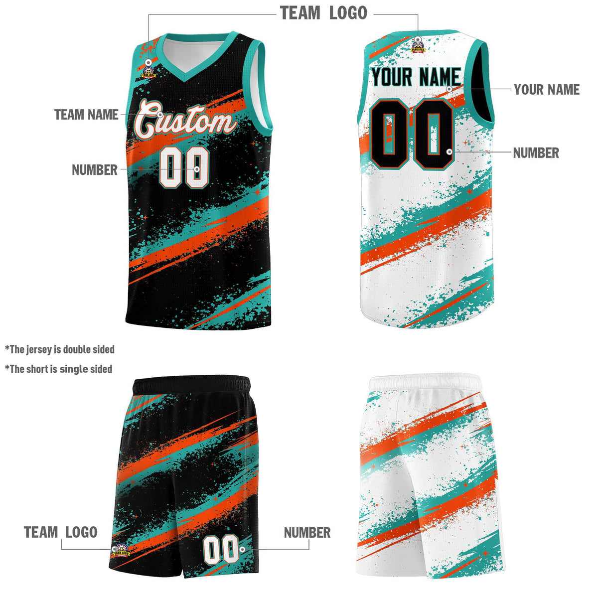Custom Black Aqua Orange Basketball Jersey Stellar Strike Series Velocity Drapable