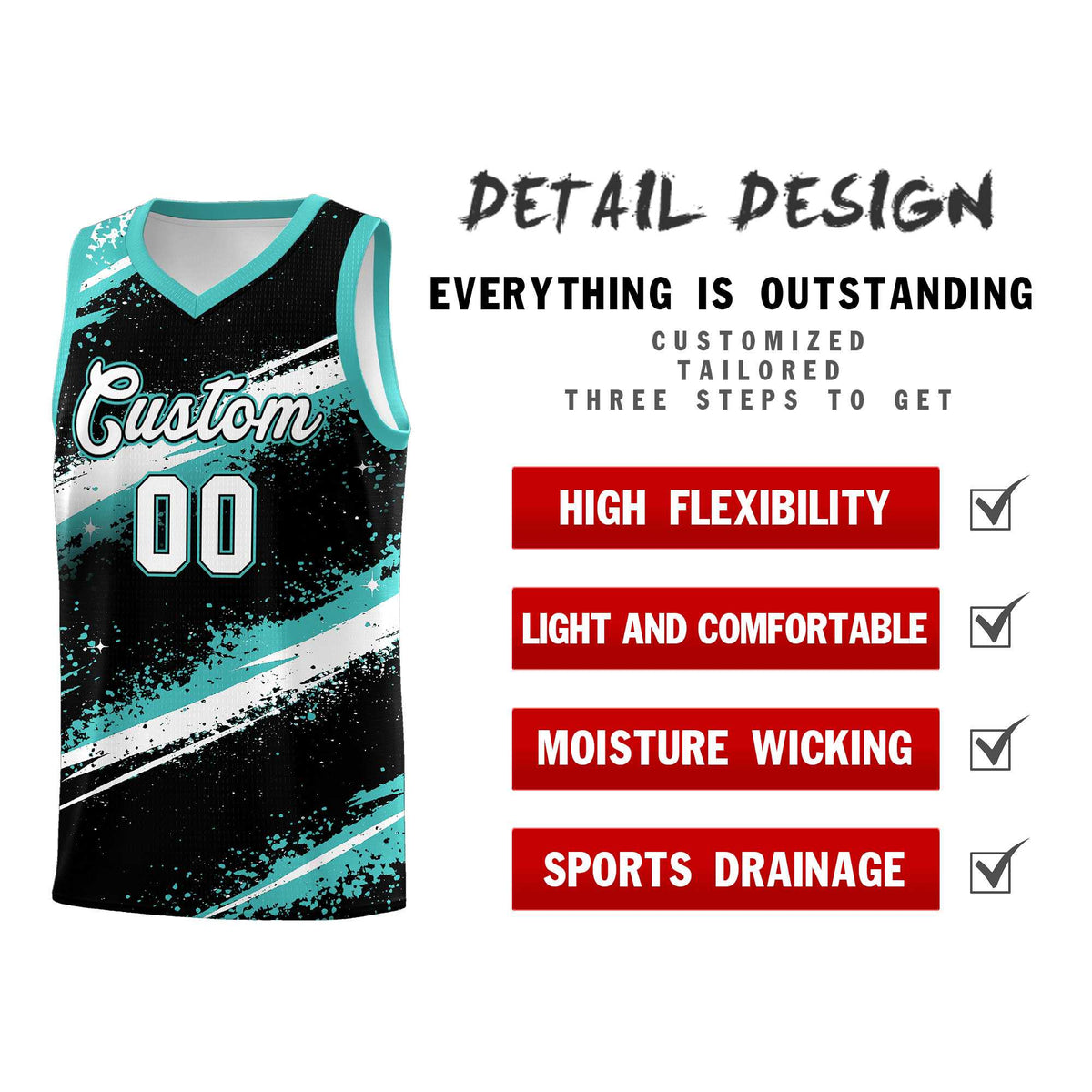 Custom Black Teal-04 White Basketball Jersey Stellar Strike Series Stellar Lightweight