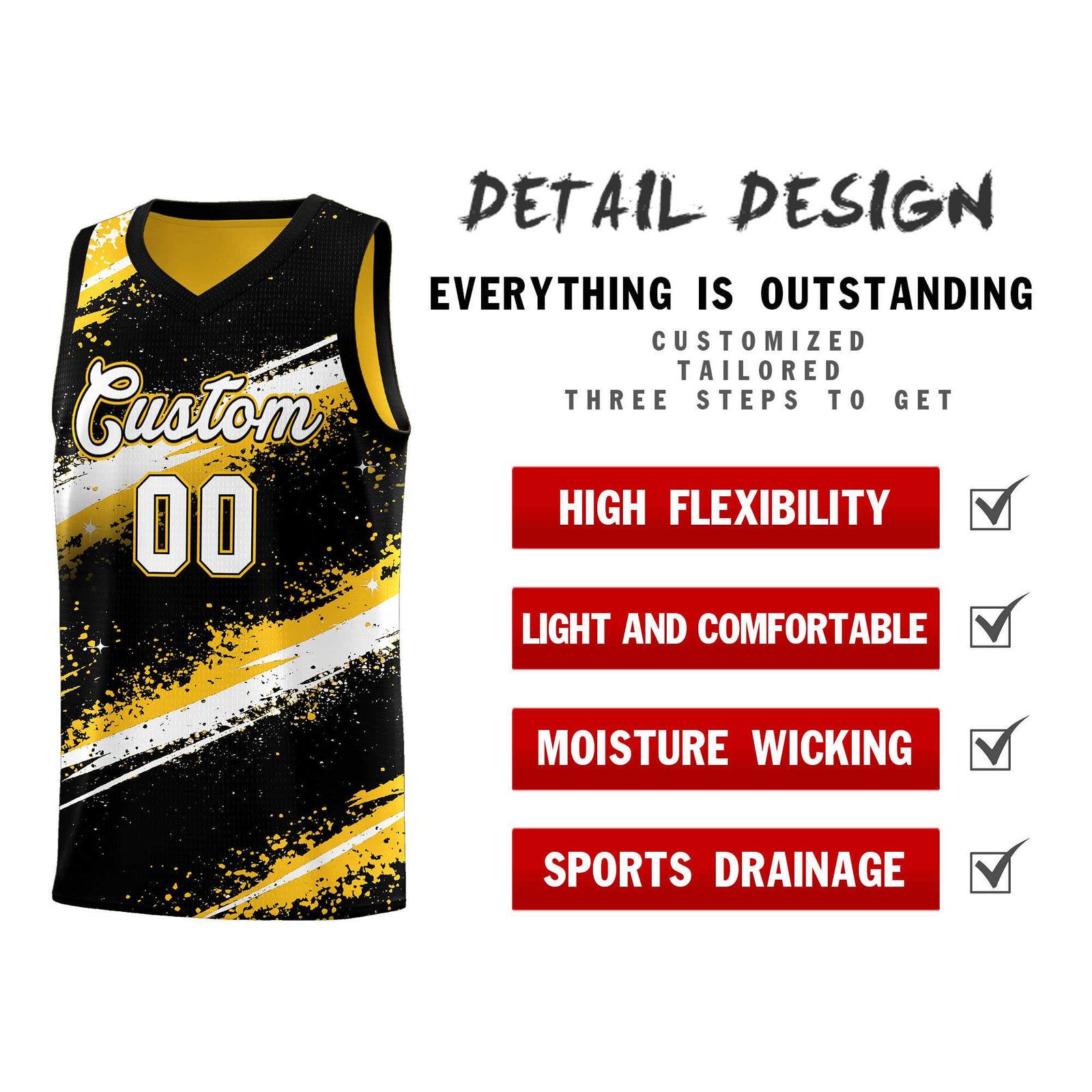 Custom Black Yellow White Basketball Jersey Stellar Strike Series Splash Wrinkle-Resistant