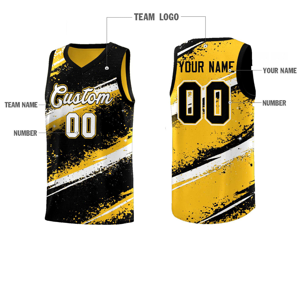 Custom Black Yellow White Basketball Jersey Stellar Strike Series Splash Wrinkle-Resistant