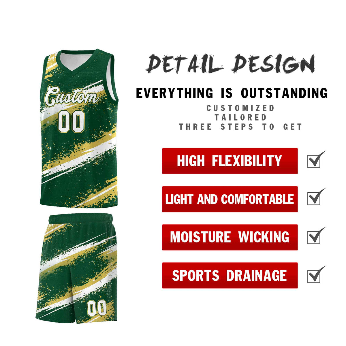 Custom Dark Green Old Gold White Basketball Jersey Stellar Strike Series Splash Drapable