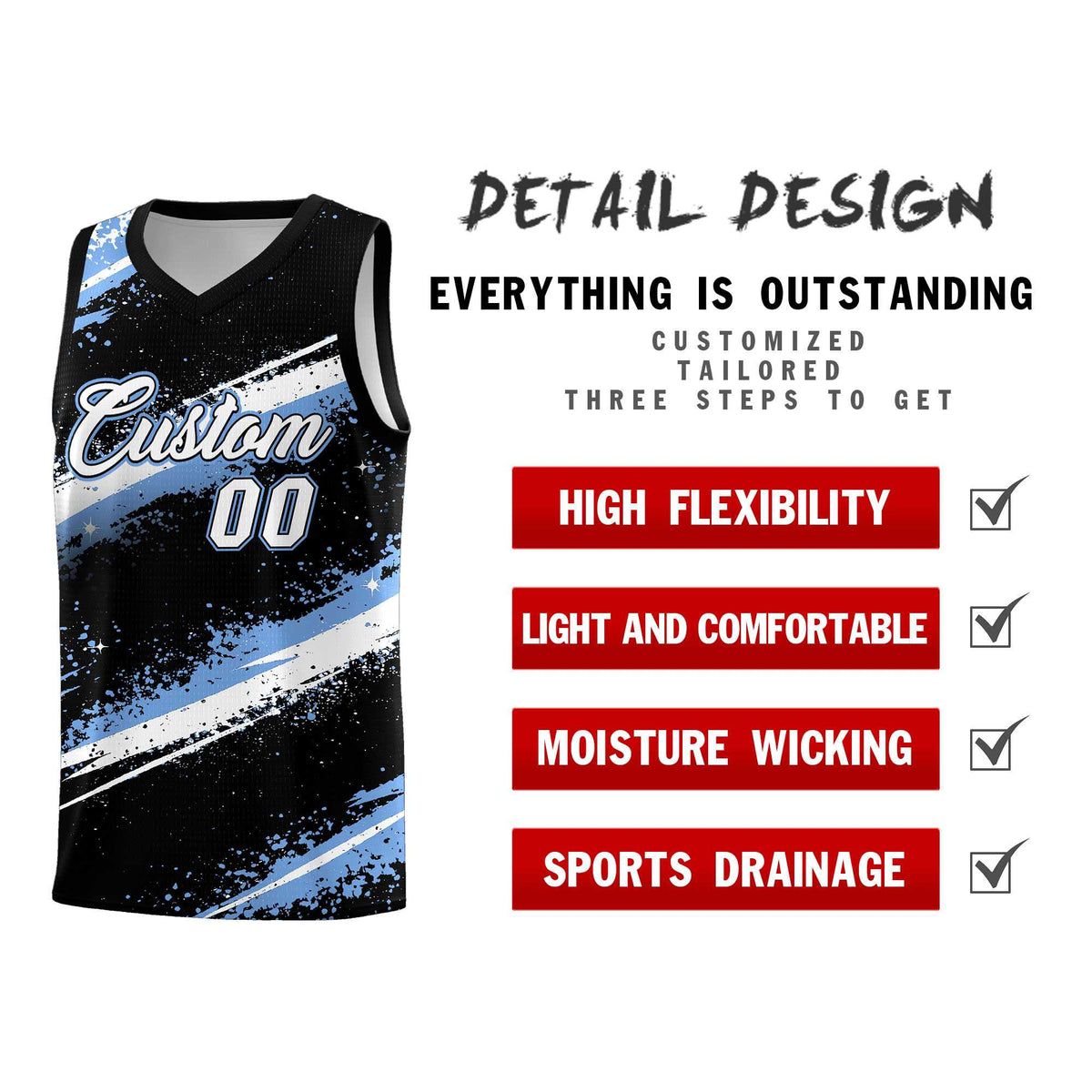 Custom Black Light Blue White Basketball Jersey Stellar Strike Series Splash Quick-Drying