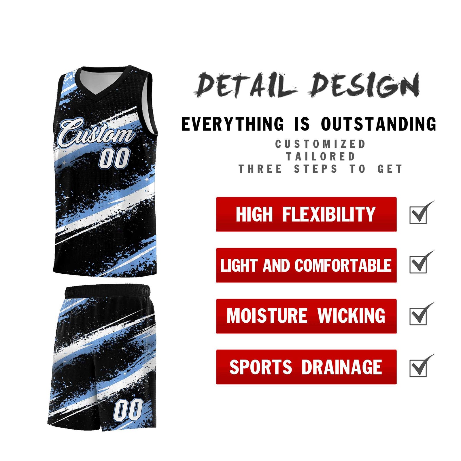 Custom Black Light Blue White Basketball Jersey Stellar Strike Series Splash Quick-Drying